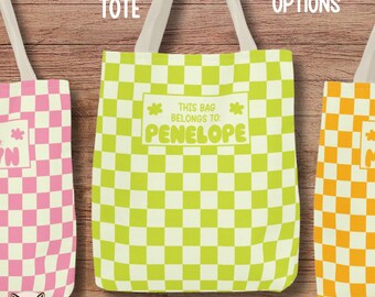 Personalized Tote Bag, Checkered Pattern Tote Bag, Library Bag, 90&#39;s Y2k, Groovy Tote, Cute Trendy Gifts for Girls, Kids Tween Teen Gifts