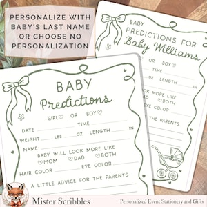 May include: Two white paper cards featuring sage green line art of bows and a baby carriage. The cards are titled Baby Predictions and include blank lines for date, time, weight, length, name, eye color, hair color, and advice for the parents.