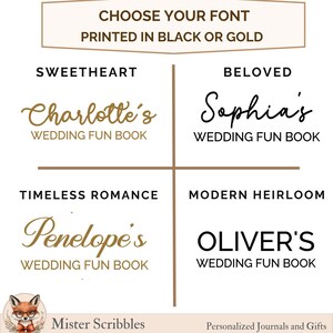 May include: A font selection chart for wedding fun books featuring four styles: Sweetheart, Beloved, Timeless Romance, and Modern Heirloom. Text options include names like Charlotte's, Sophia's, Penelope's, and Oliver's in black or gold ink colors.
