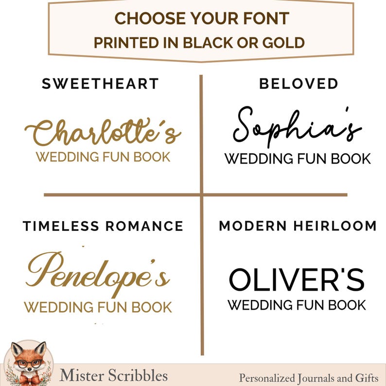 May include: A font selection chart for wedding fun books featuring four styles: Sweetheart, Beloved, Timeless Romance, and Modern Heirloom. Text options include names like Charlotte's, Sophia's, Penelope's, and Oliver's in black or gold ink colors.