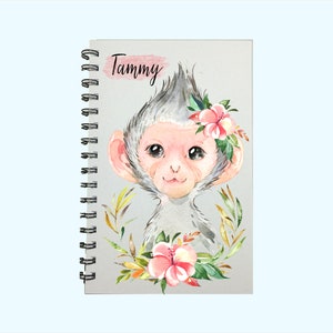 Monkey, Monkey Journal, Zoo Animal, Monkey Gift, Monkey with Flowers, Baby Monkey, Personalized, Cute Monkey, Gift, Zoo Gifts, Monkey Girl