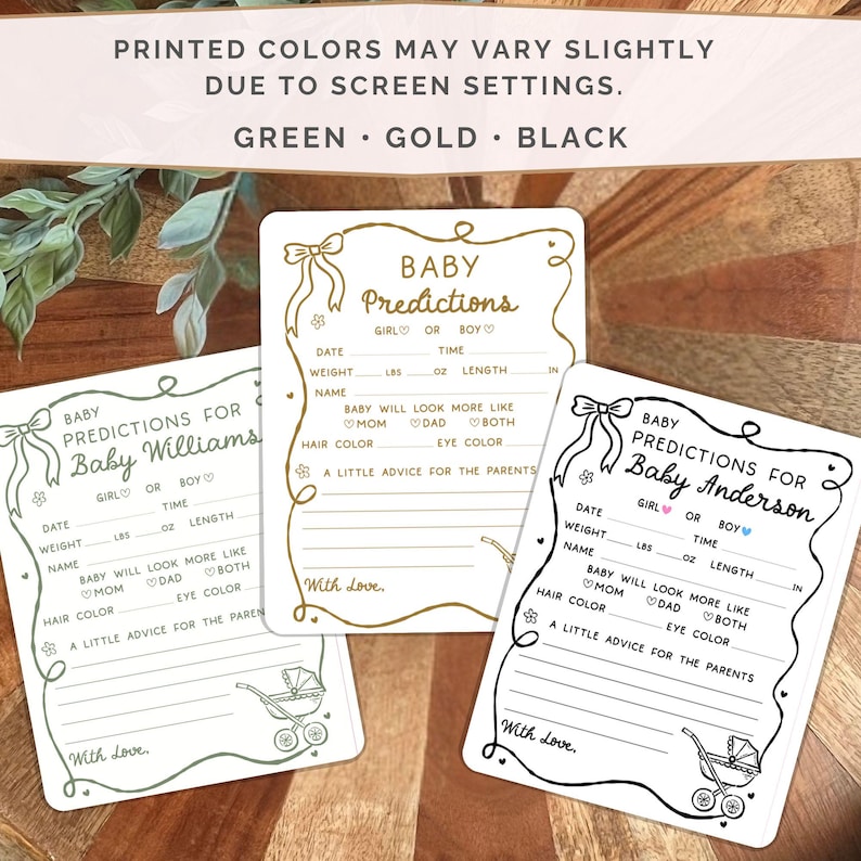 May include: Three rectangular baby prediction cards with rounded corners, featuring decorative borders, bows, and baby carriage illustrations. The cards include fields for date, time, weight in lbs and oz, length in inches, name, and advice for parents.