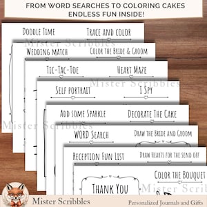 May include: A stack of white activity sheets with black text featuring titles like Doodle Time, Wedding Match, Tic-Tac-Toe, Heart Maze, Self Portrait, I Spy, Add Some Sparkle, Decorate The Cake, Word Search, and Color The Bouquet.