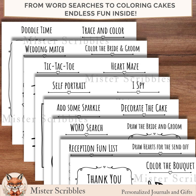 May include: A stack of white activity sheets with black text featuring titles like Doodle Time, Wedding Match, Tic-Tac-Toe, Heart Maze, Self Portrait, I Spy, Add Some Sparkle, Decorate The Cake, Word Search, and Color The Bouquet.