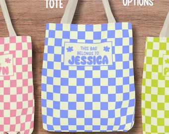 Personalized Tote Bag, Checkered Pattern Tote Bag, Library Bag, 90&#39;s Y2k, Groovy Tote, Cute Trendy Gifts for Girls, Kids Tween Teen Gifts