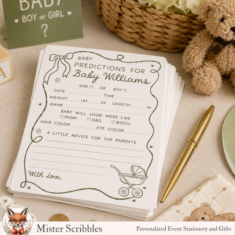 May include: A stack of white paper cards for baby predictions featuring olive green text and a decorative border. The cards include fields for date, time, weight in lbs and oz, length in inches, parent resemblance, hair and eye color, and advice.