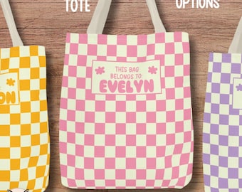 Personalized Tote Bag, Checkered Pattern Tote Bag, Library Bag, 90&#39;s Y2k, Groovy Tote, Cute Trendy Gifts for Girls, Kids Tween Teen Gifts