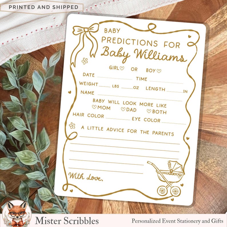 May include: A white rectangular baby shower prediction card with gold text and a gold border. The card features a bow, a baby carriage, and lines for guests to write predictions for Baby Williams, including date, time, weight, and length.