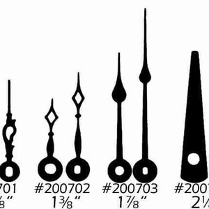May include: Assortment of 10 black clock hands in various styles and lengths, ranging from 1 3/8 inches to 3 3/8 inches.  The clock hands are shown against a white background.