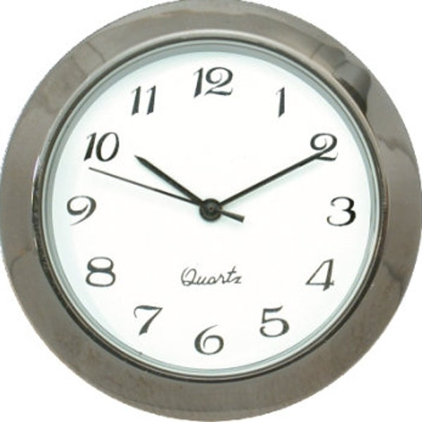 Mini Quartz Clock Fit-UP Movement  Pewter Bezel with White Arabic  Dial  1 7/16" diameter