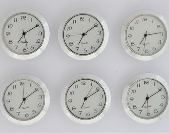 Mini Quartz Clock Fit-UP Movement  Silver Bezel with White Arabic  Dial   1 7/16" diameter  6 pieces
