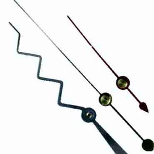 May include: Three clock hands, one black with a zig-zag design, one red, and one silver.