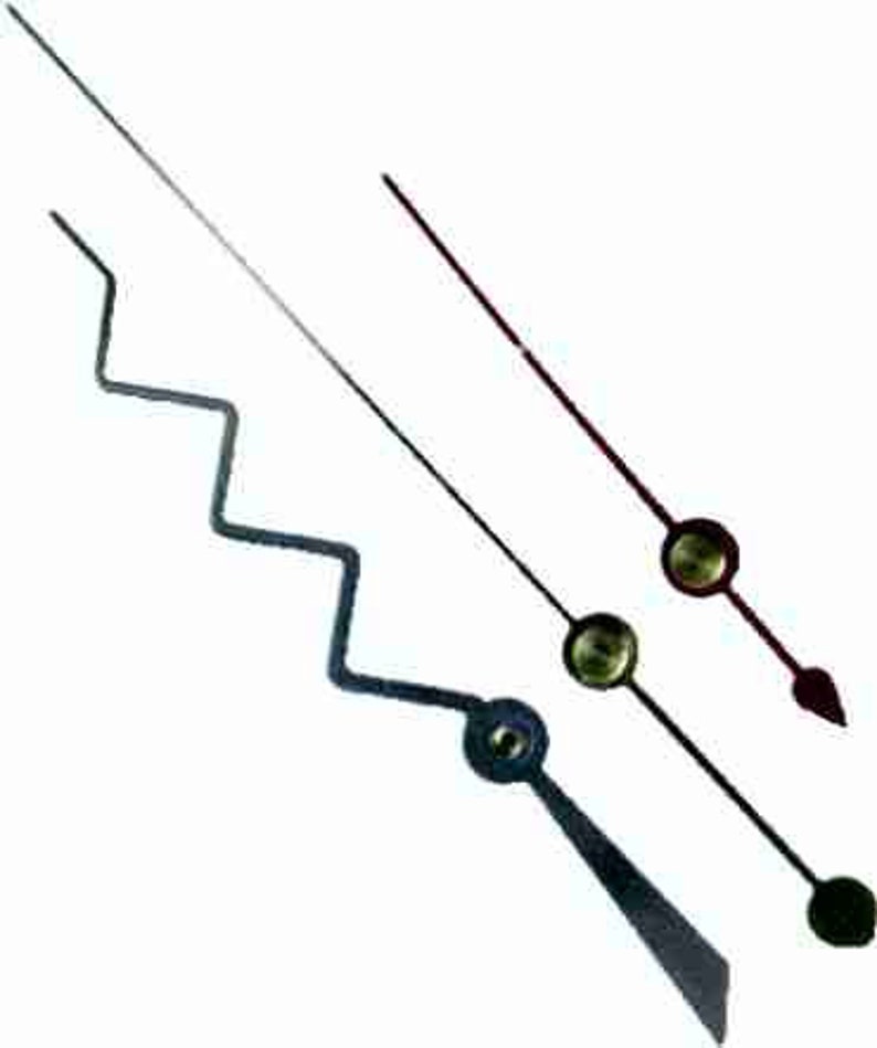 May include: Three clock hands, one black with a zig-zag design, one red, and one silver.