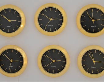Mini Quartz Clock Fit-UP Movement  Gold Bezel with Black Dial and Gold Bar Indicators   1 7/16" diameter  6 pieces