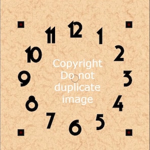 May include: Clock face with black numerals on a textured beige background. The numbers 1 through 12 are arranged in a circle. The text "Copyright Do not duplicate image" is in the center. Red squares mark the 12, 3, 6, and 9 o'clock positions.
