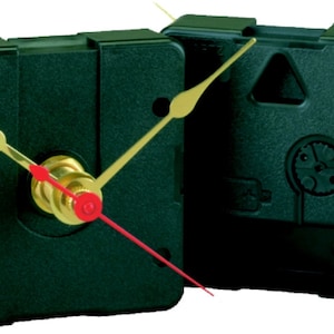 May include: A black clock mechanism with gold and red hands. The clock mechanism is square and has a black plastic casing.