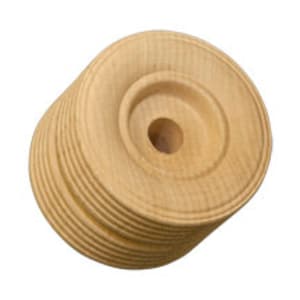 May include: A set of 10 wooden spools, each with a central hole and a slightly raised rim. The spools are stacked on top of each other, creating a cylindrical shape.