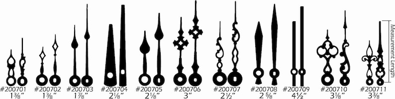 May include: Assortment of 10 black clock hands in various styles and lengths, ranging from 1 3/8 inches to 3 3/8 inches. The clock hands are shown against a white background.