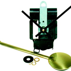 May include: A clock movement kit with black hands, a gold pendulum rod, and a gold pendulum weight. The kit includes all the necessary parts to build a clock.