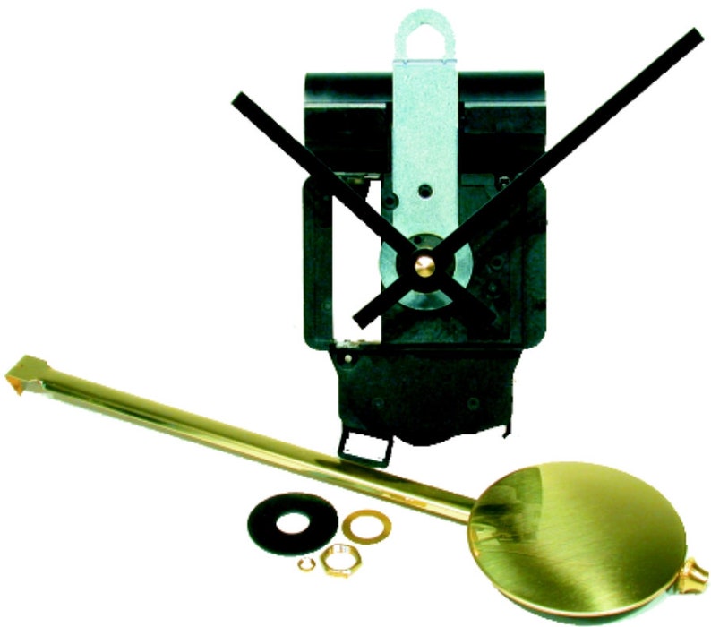 May include: A clock movement kit with black hands, a gold pendulum rod, and a gold pendulum weight. The kit includes all the necessary parts to build a clock.