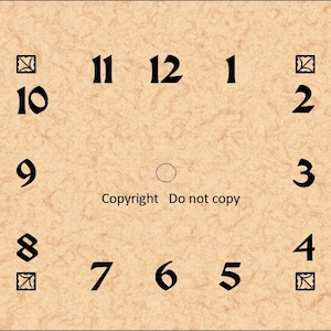 May include: A vintage-style clock face with black Roman numerals on a beige background. The numbers 1 through 12 are displayed in a circle around the center of the clock face. The text "Copyright Do not copy" is printed below the clock face.
