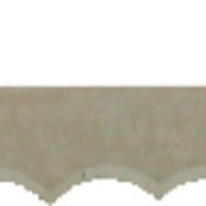 May include: A silver-colored saw blade with a serrated edge and a hole at one end.
