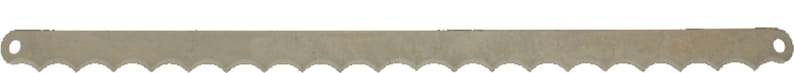 May include: A silver-colored saw blade with a serrated edge and a hole at one end.