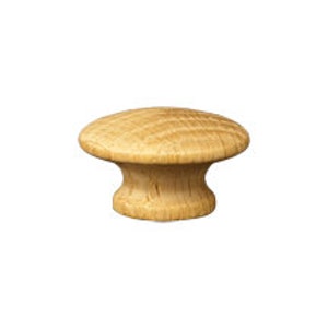 May include: A natural wood knob with a rounded top and a slightly flared base. The knob is a light brown color and has a smooth finish.