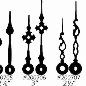 May include: A set of ten clock hands in various styles and lengths, ranging from 1 3/8 inches to 3 3/8 inches. The hands are black and made of metal.