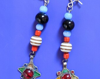 Christmas gift Morocco berber silver enamel earrings , red glass beads pendant, shape star earrings with coral beads