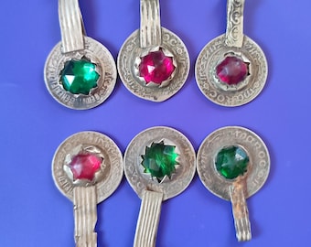 Morocco maroc Vintage  pendants coins , tarnished with red green beads