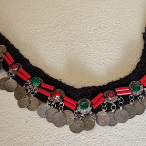 Antique handmade berber head tounza with coral beads black wool laine of q sheep