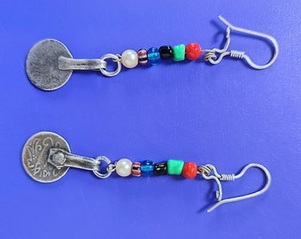 Handmade antique vintage earrings sterling silver, colorful beads and old silver coins