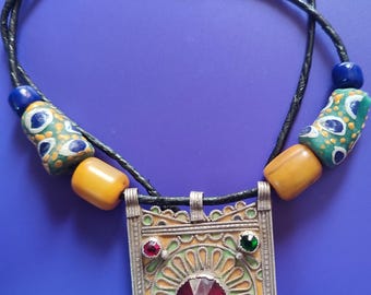 Morocco Maroc Antique Berber ,Enamel, Glass  Sterling silver Amulet necklace Hirz Pendant