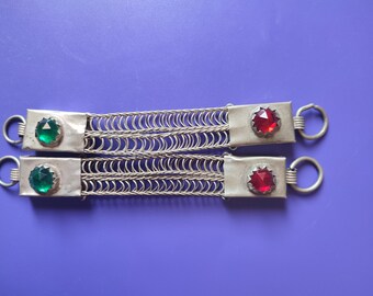 Morocco Antique vintage Berber silver chain for fibule with old red green  beads,ethnic tribal jewelry