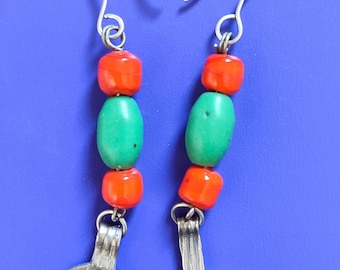 Handcrafted antique vintage earrings , red green beads and old sterling silver coins