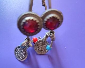 Vintage Antique berber silver earrings with glass red beads berber , ethnic tribal jewelry