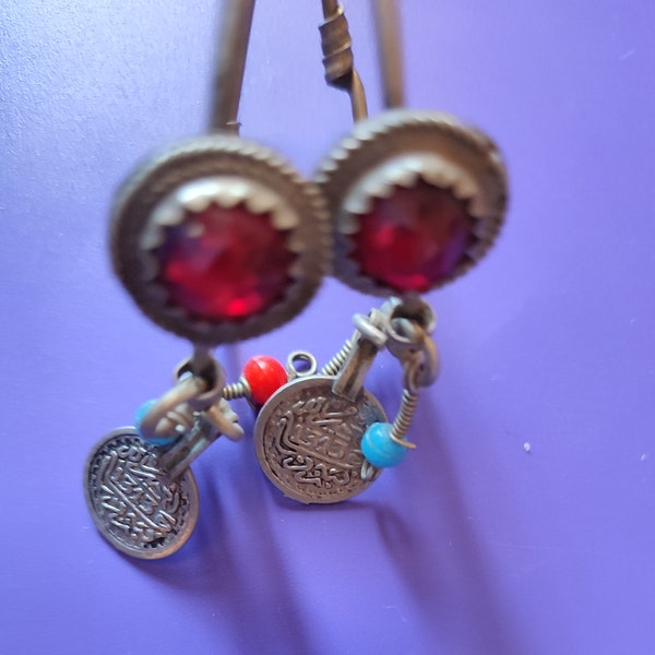 Antique berber silver earrings with glass beads ethnic tribal jewelry