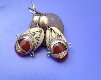 Marokko,Moroccan Antique Tuareg Silver Ingall Cross, brown Agate Earrings