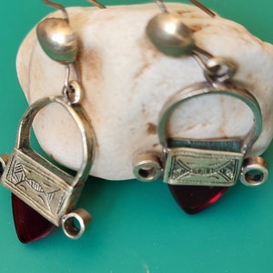 Marokko,Moroccan Antique Tuareg Silver Ingall Cross Red Glass Earrings  gift valentine
