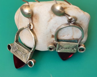 Marokko,Moroccan Antique Tuareg Silver Ingall Cross Red Glass Earrings  gift valentine