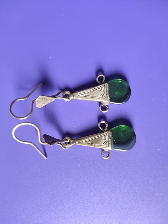 Marokko,Moroccan Antique Tuareg Silver Ingall Cross, Green Glass Earrings