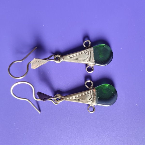 Marokko,Moroccan Antique Tuareg Silver Ingall Cross, Green Glass Earrings