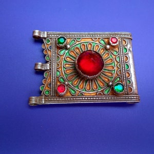 Morocco Maroc Antique Berber ,Enamel, Glass  Sterling silver Amulet Hirz Pendant