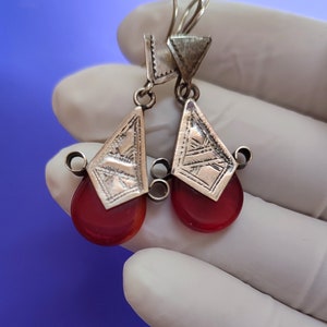 Marokko,Moroccan Antique Tuareg Silver Ingall Cross, Red Glass Earrings