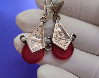 Marokko,Moroccan Antique Tuareg Silver Ingall Cross, Red Glass Earring