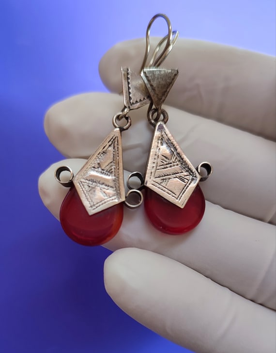 Marokko,Moroccan Antique Tuareg Silver Ingall Cross, Red Glass Earrings