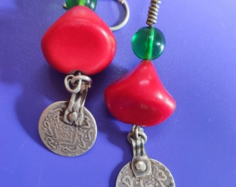 Handcrafted antique vintage earrings , red coral beads and old sterling silver coins