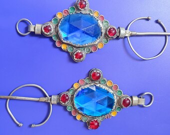 Morocco Maroc Marocco Antique Berber pair brooch berber ethnic tribal jewelry blue shiny glass