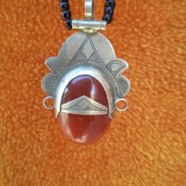 Beautiful Tuareg silver Amulet with onyx beads , ethnic tribal jewelry